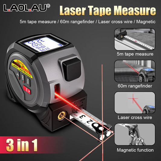 Mètre Laser 3 en 1, ruban à mesurer de 5m, 60M/196 pieds/40M/131 pieds, outil de mesure, ligne transversale, niveau Laser, boucle