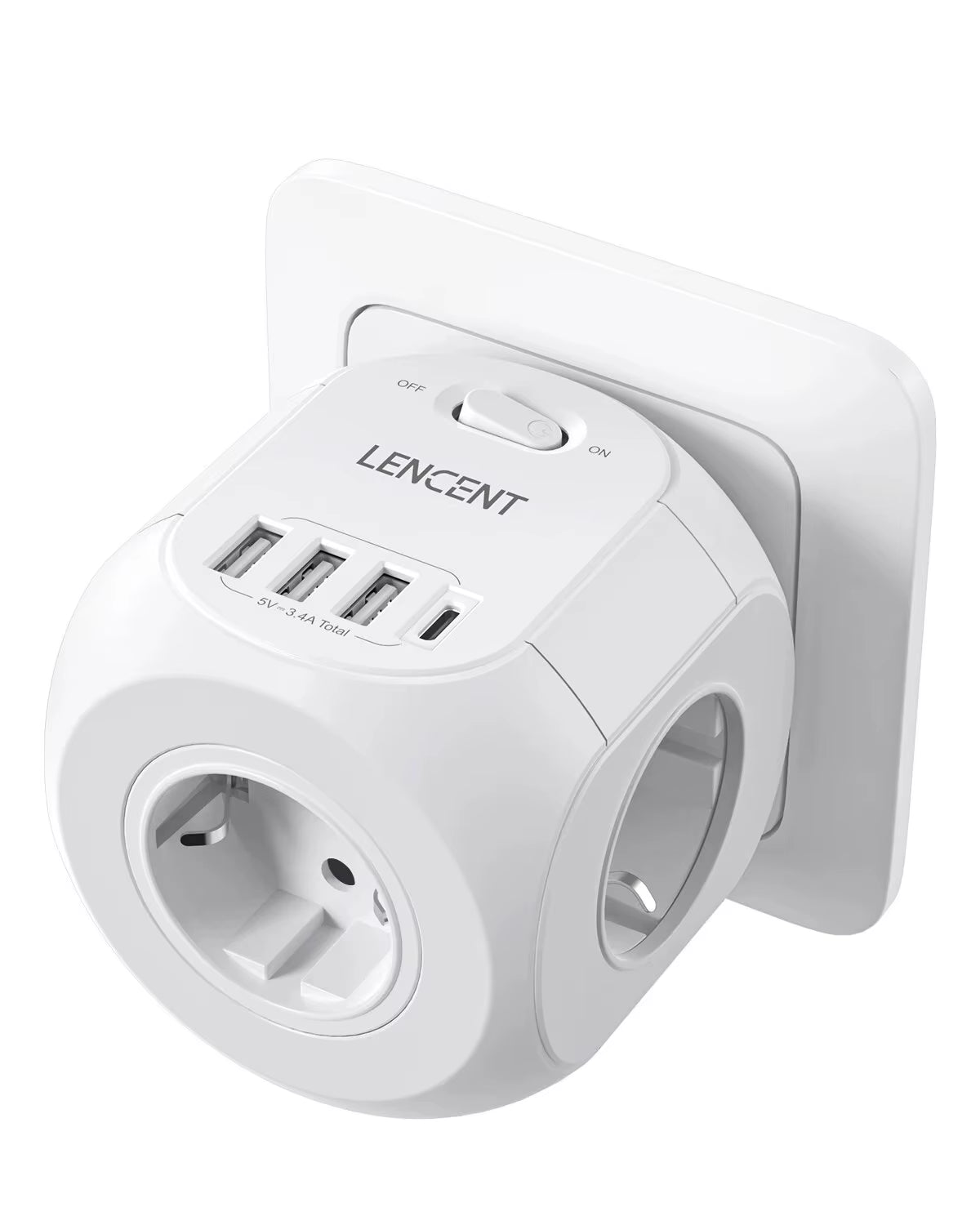 Wall Socket Extender with 3 AC Outlets 3 USB Ports And1 Type C 7-In-1 EU Plug Charger On/Off Switch for Home