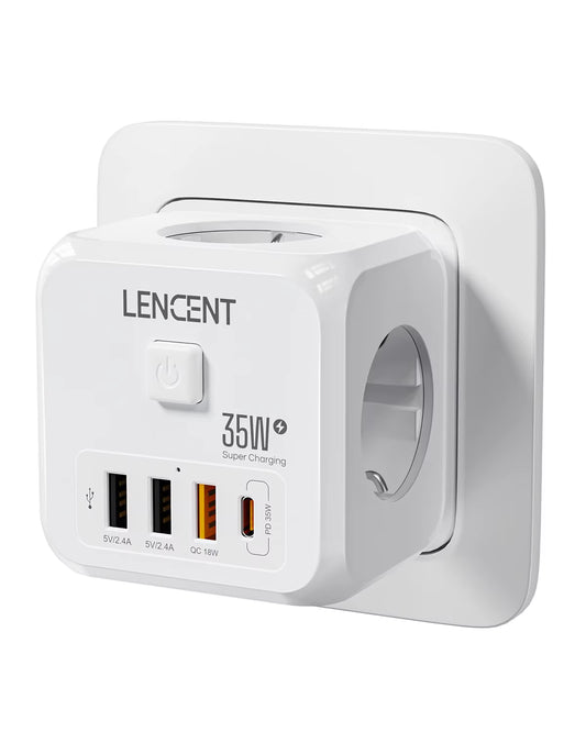 Wall Socket Extender with 3 AC Outlets 3 USB Ports And1 Type C 7-In-1 EU Plug Charger On/Off Switch for Home