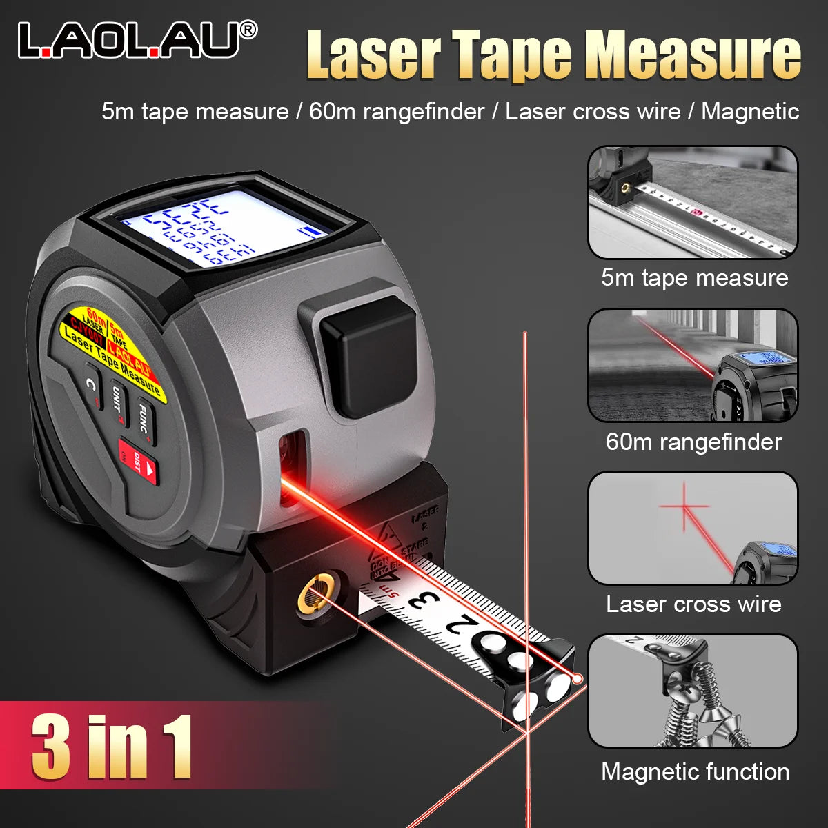 Mètre Laser 3 en 1, ruban à mesurer de 5m, 60M/196 pieds/40M/131 pieds, outil de mesure, ligne transversale, niveau Laser, boucle
